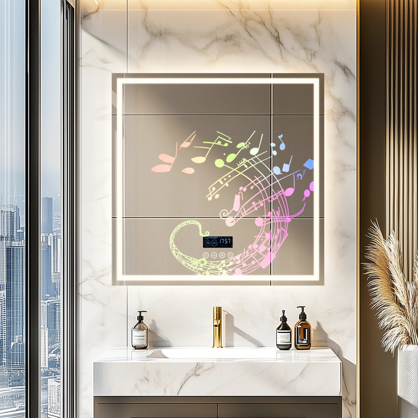 LED Square Bathroom Mirror w Bluetooth Time Temperature Display 3 Colors Front & Backlit Anti-fog w Memory