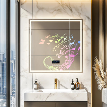 LED Square Bathroom Mirror w Bluetooth Time Temperature Display 3 Colors Front & Backlit Anti-fog w Memory