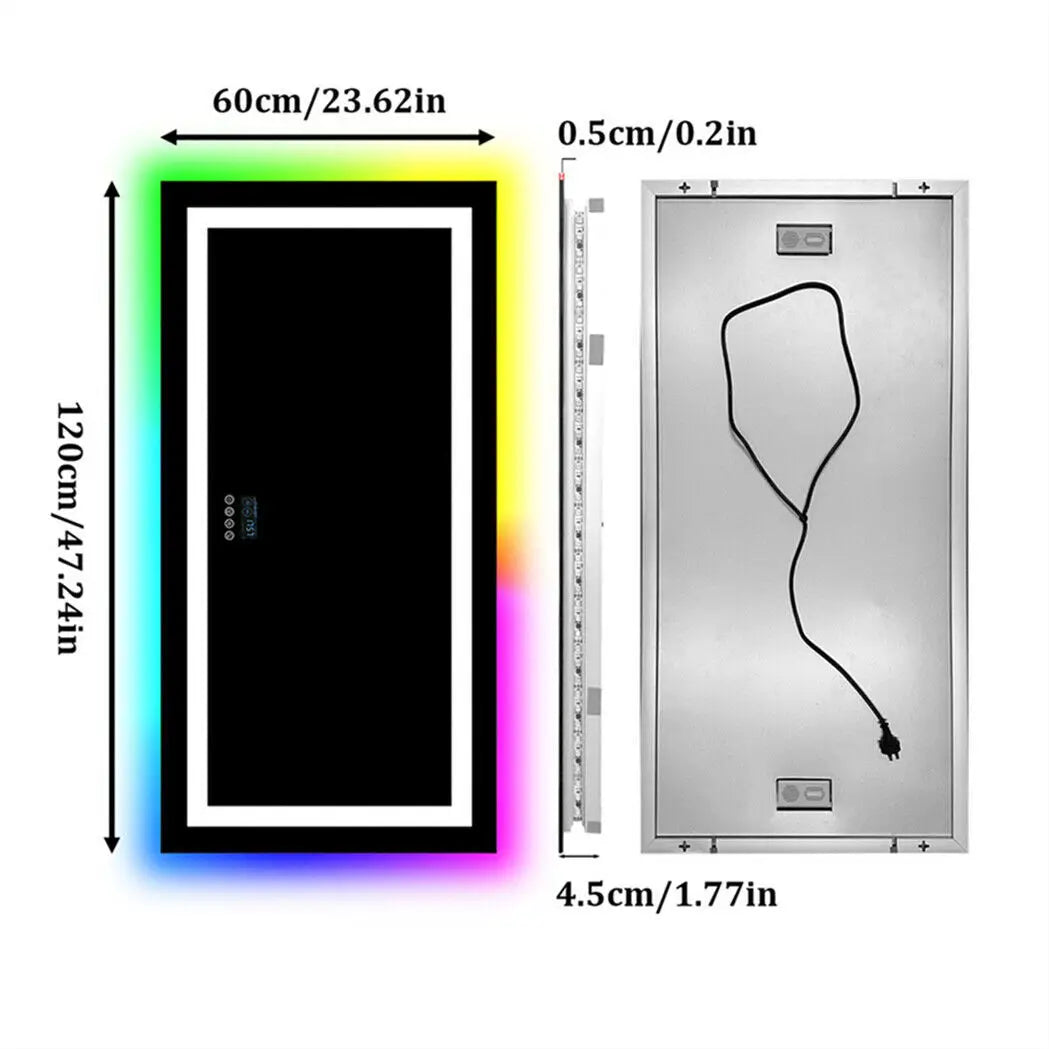 LED Wall Mirror w Bluetooth Dimmable 3 Colors Front + RGB Backlit, Anti-fog, Memory Function, Time Temperature
