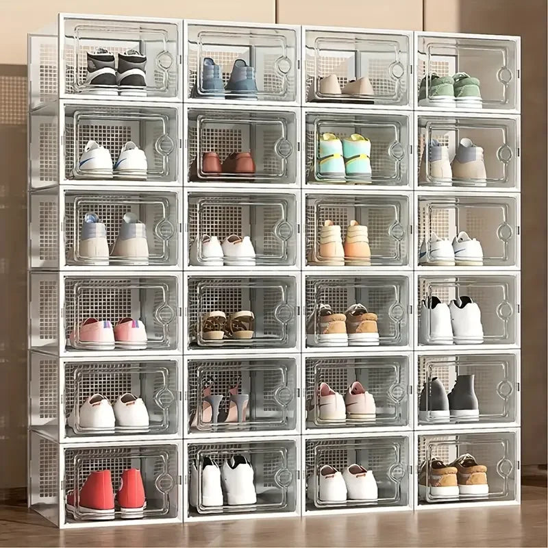 6/12 thick transparent shoe boxes with lids, foldable and stackable