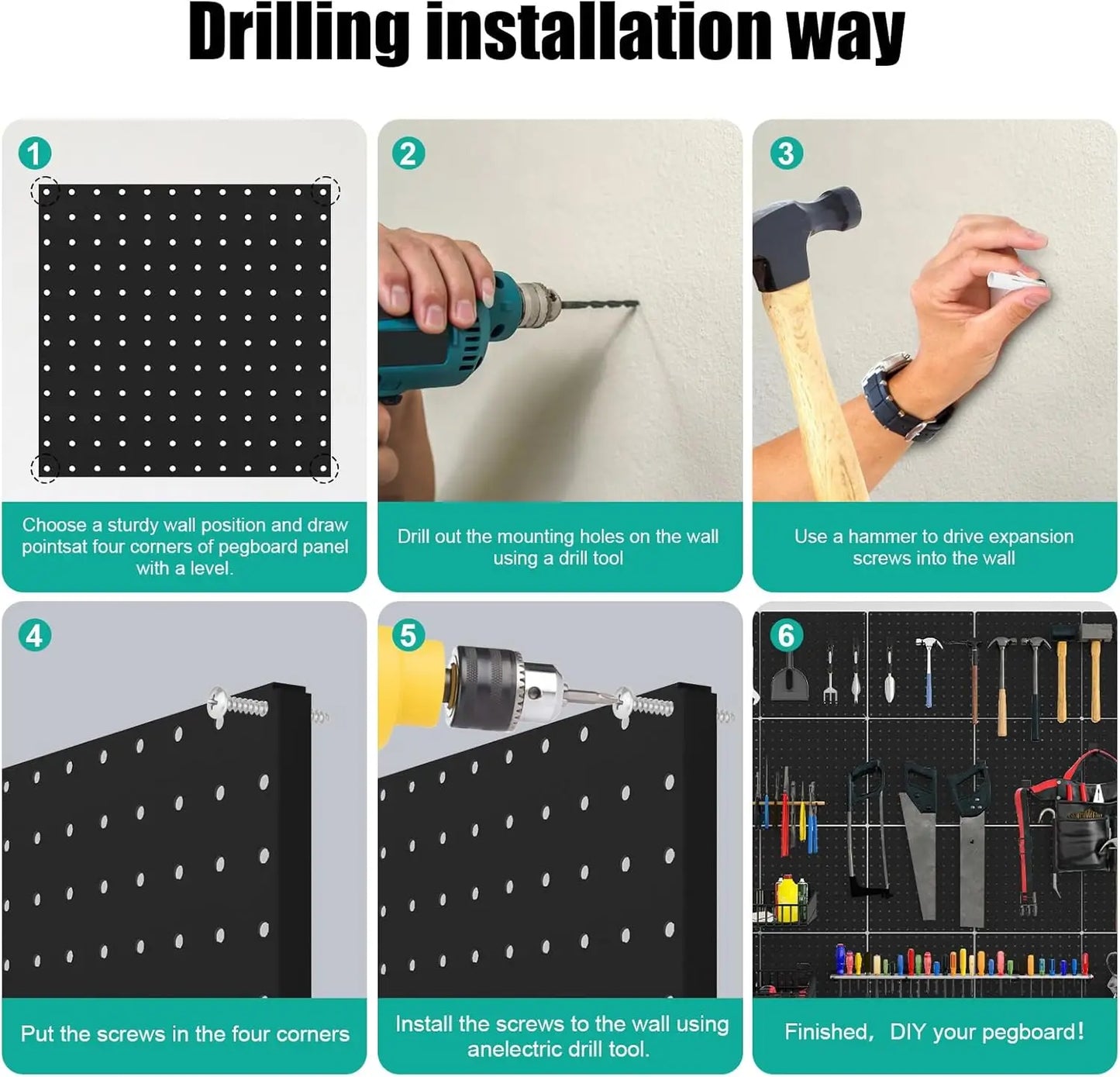 6 Pack 12x12 Black Metal Pegboard Panels w/Bent Frame, Heavy Duty