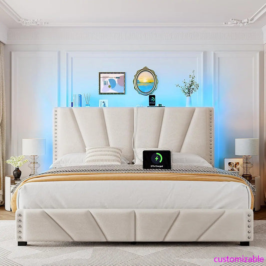 Bed Frame and Storage Velvet Headboard LED Lights and Charging Station