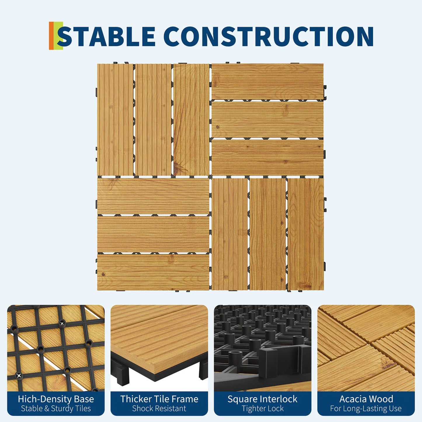 Acacia Wood Connected Deck Tiles for Patio & Outdoor 12"x12" Weatherproof Non-Slip