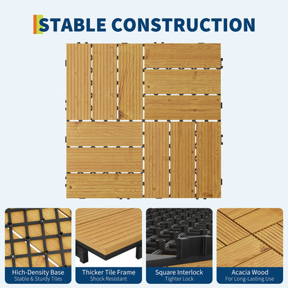 Acacia Wood Connected Deck Tiles for Patio & Outdoor 12"x12" Weatherproof Non-Slip