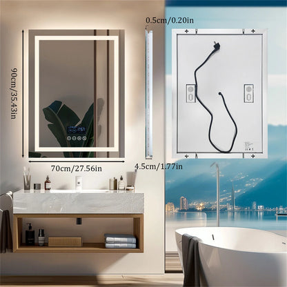 Smart LED Bathroom Mirror Rectangle Wall Mount Mirror w Bluetooth Speaker,Time,Temperature
