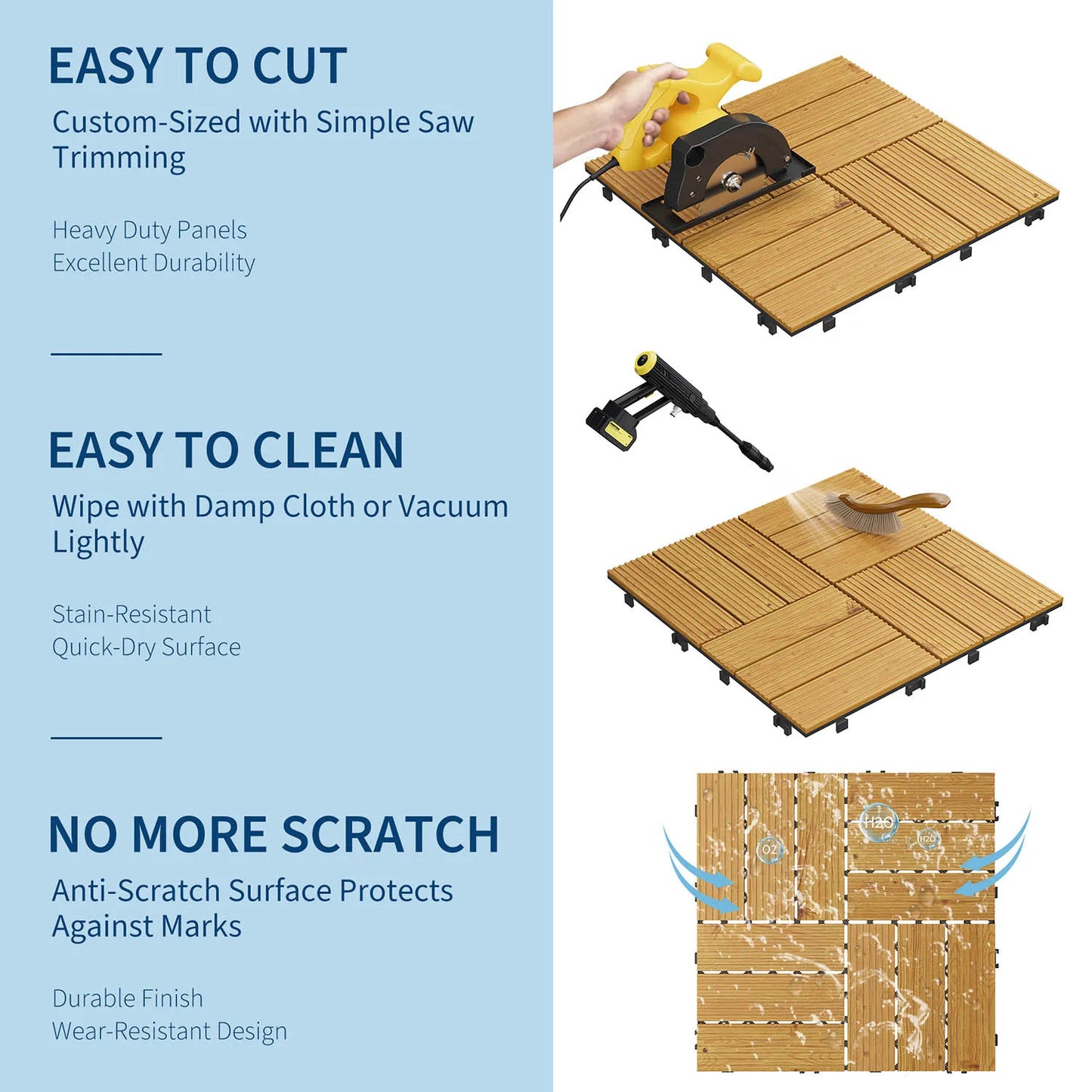 Acacia Wood Connected Deck Tiles for Patio & Outdoor 12"x12" Weatherproof Non-Slip