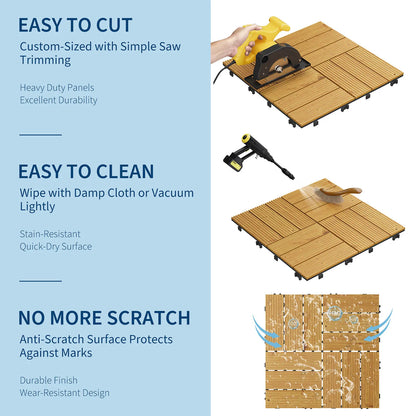 Acacia Wood Connected Deck Tiles for Patio & Outdoor 12"x12" Weatherproof Non-Slip