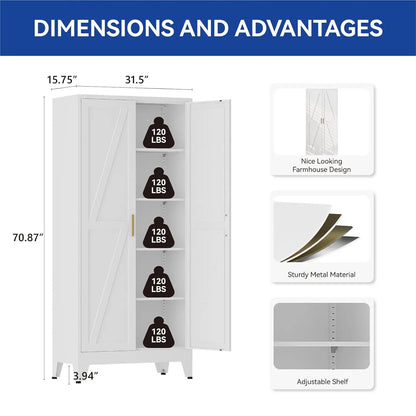 71 in Metal Storage Cabinet, 4 Adjustable Shelves and Barn Doors