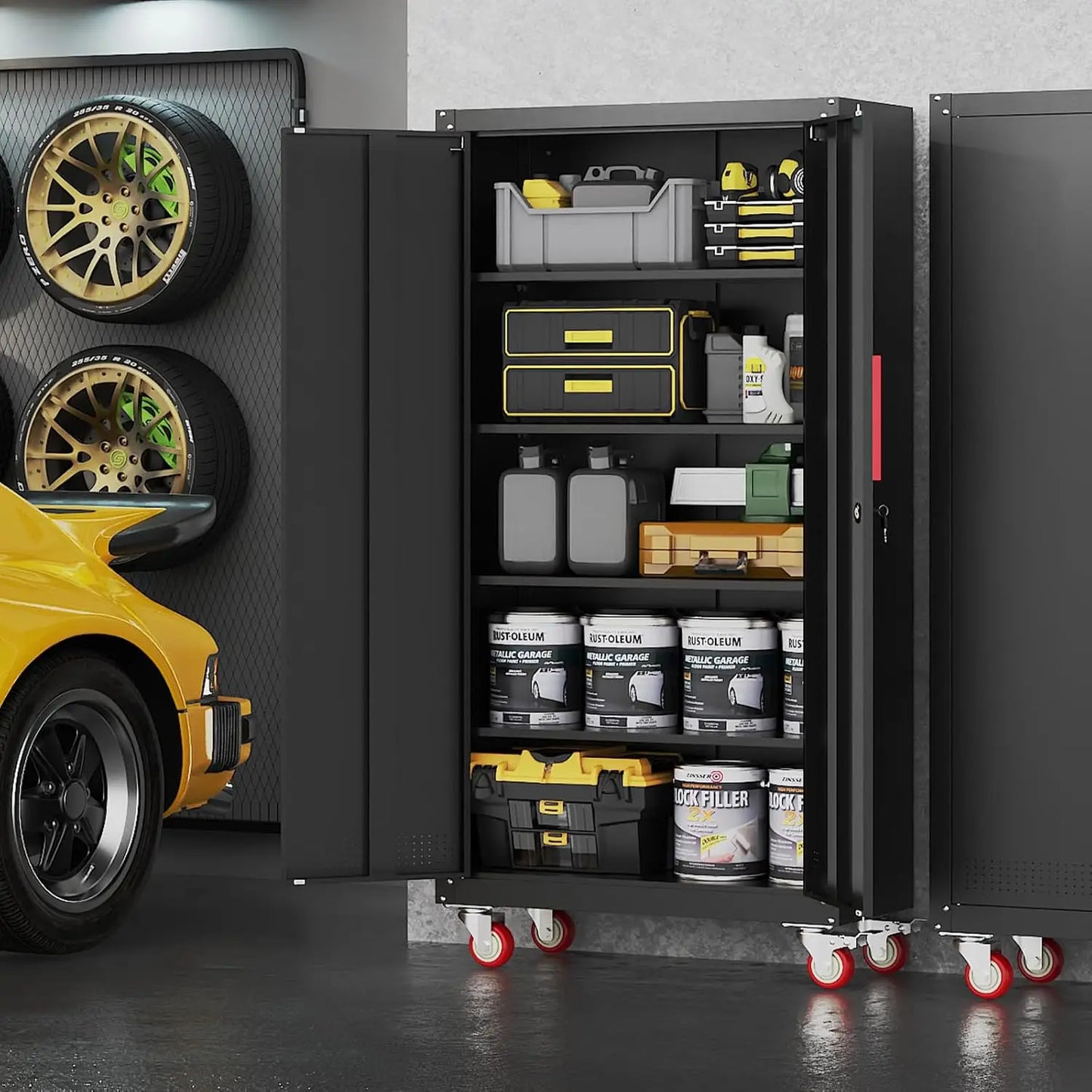 71" Black Locking Metal Storage Cabinet with Wheels, Adjustable Shelves