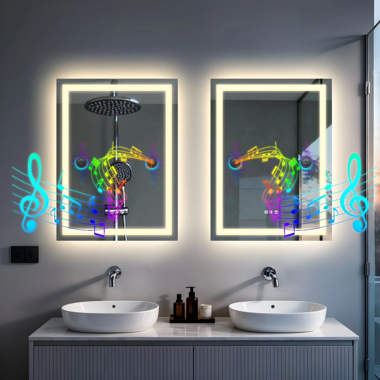 LED Bathroom Mirror Tempered Glass Mirror with Bluetooth, 3 Colors Dimmable