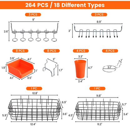 264pcs/set Peg Board Hooks Assortment for 1/4in Pegboard