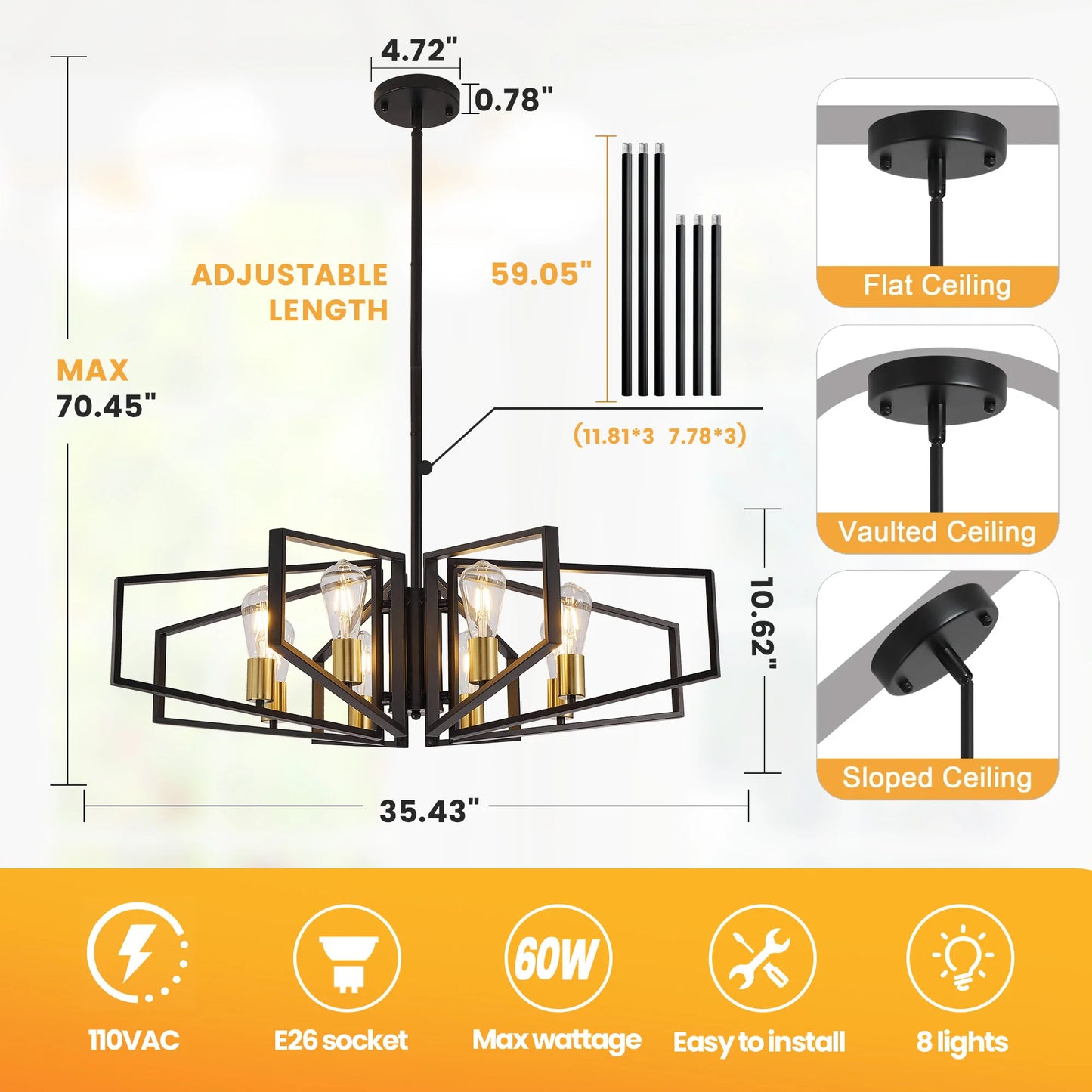 8-Light Geometric Chandelier Adjustable Height, Black Frame & Golden Accents