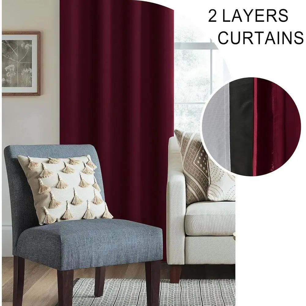 2 Thermal Insulated Blackout Curtains with Burgundy Tiebacks, W70xL84