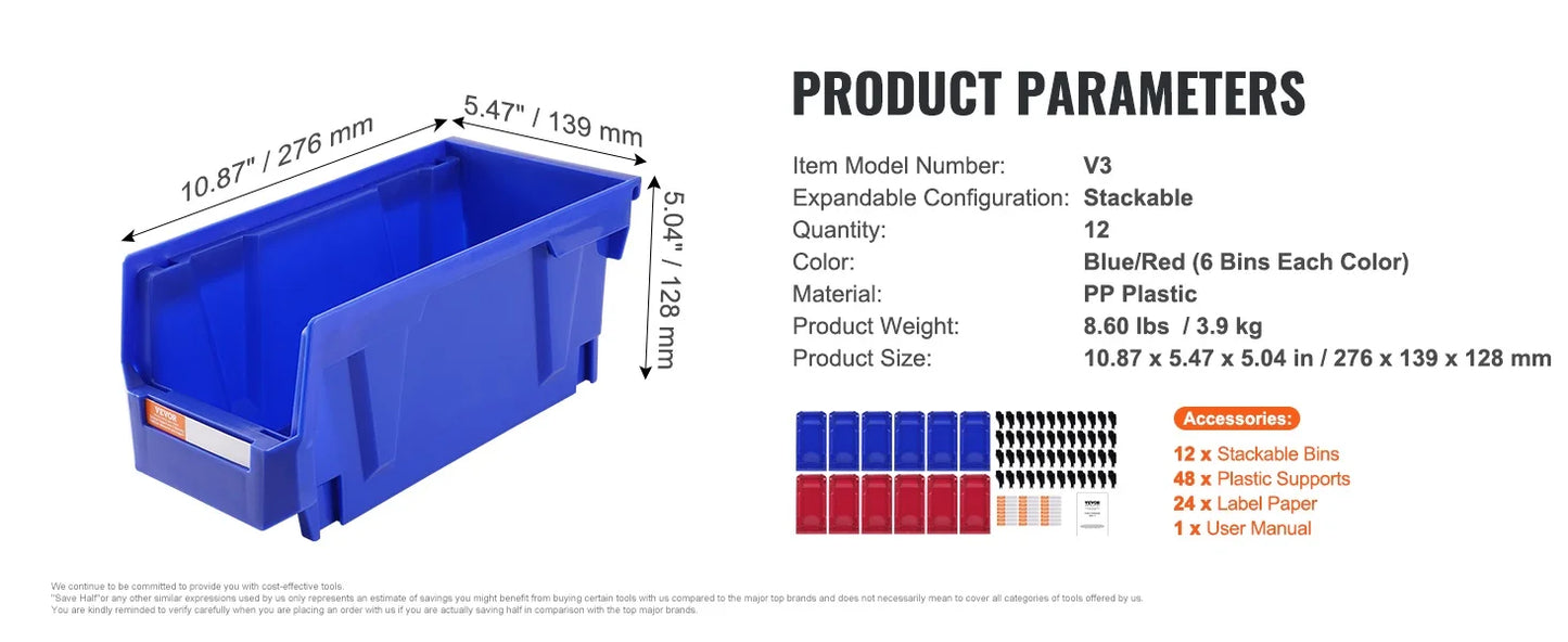 Stackable Plastic Garage Tool Storage Box Organizer Bin for Garage- 12pcs 5x5x10in Blue/Red