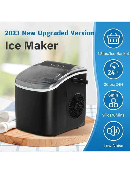 Ice Maker for Countertop, 6 Mins 9 Ice Cubes, 26lbs Ice/24H, Self-Cleaning,