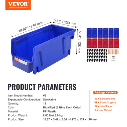 Stackable Plastic Garage Tool Storage Box Organizer Bin for Garage- 12pcs 5x5x10in Blue/Red