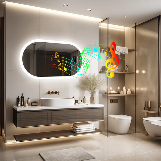 LED Lighted Bluetooth Bathroom Mirror with Time Date Display Anti-fog