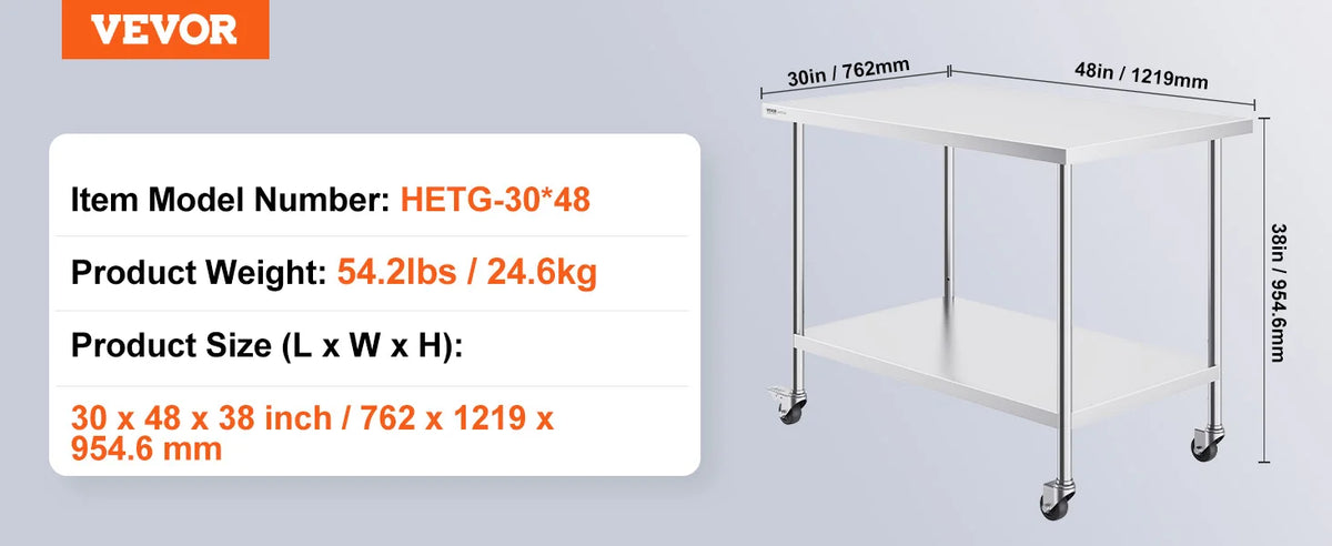Stainless Steel Work Prep Table w/4 Wheels 3 Adjustable Height