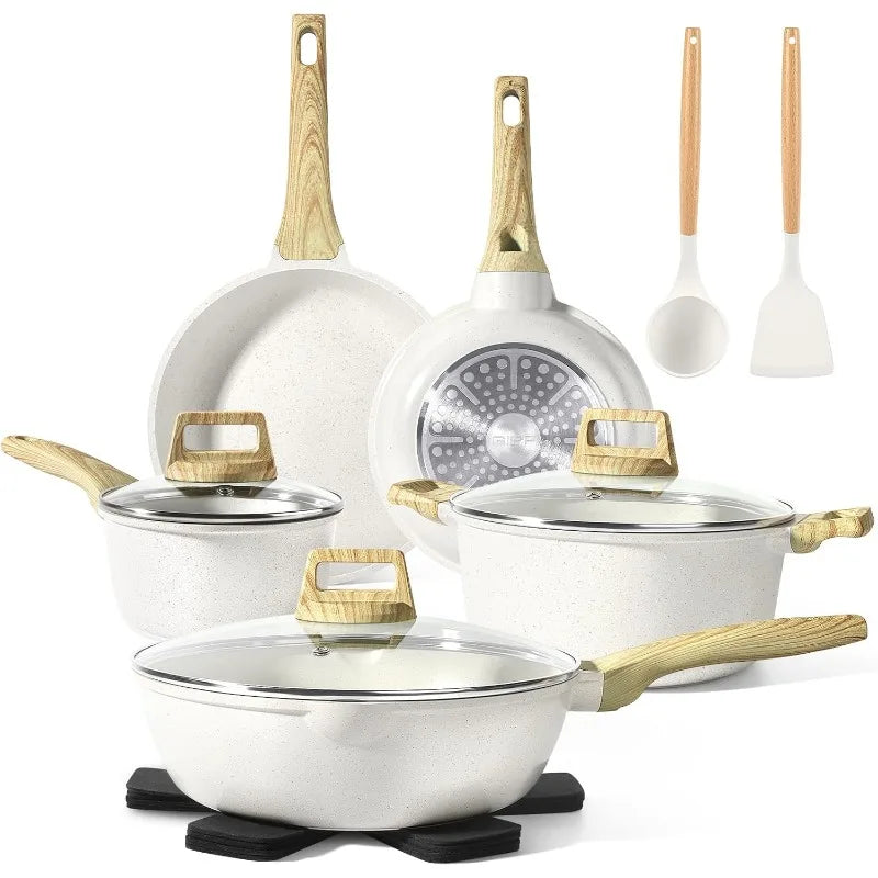 14 Pcs White Granite Kitchen Cookware Sets Nonstick Induction