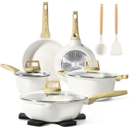14 Pcs White Granite Kitchen Cookware Sets Nonstick Induction