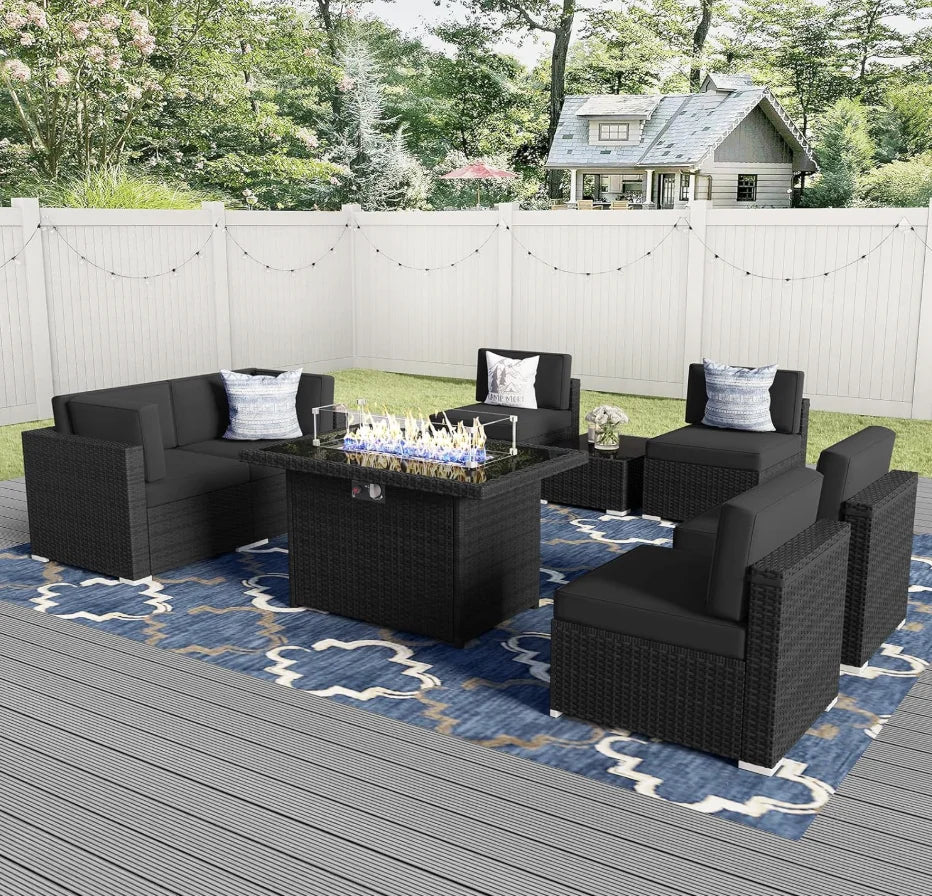 8 Pieces Patio Furniture Set with 44" Propane Gas Fire Pit Table,