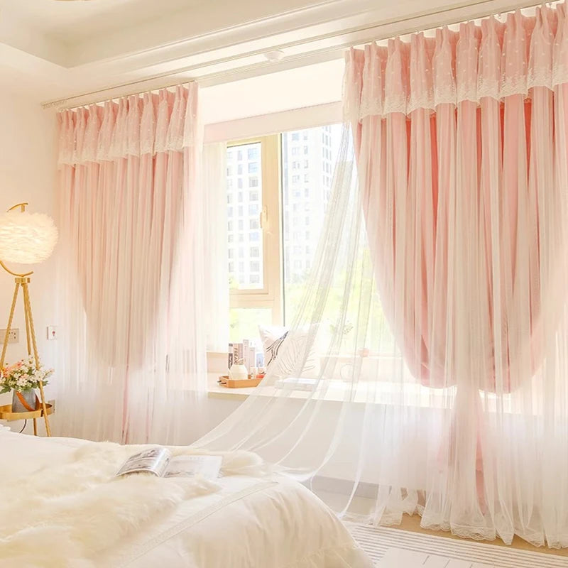 2pcs girls double princess style French pink curtain, Hooks