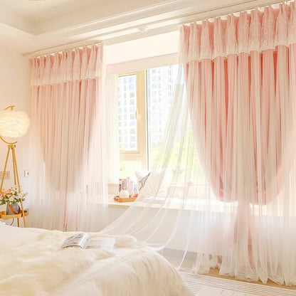 2pcs girls double princess style French pink curtain, Hooks