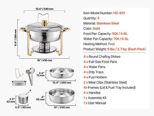 4 Pack Full Size Chafing Dish Stainless Steel w/Lids