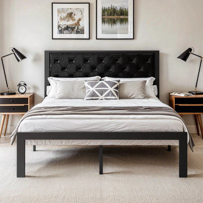 Metal Bed Frame with Upholstered Finely Stitched Headboard, No Box Spring Needed