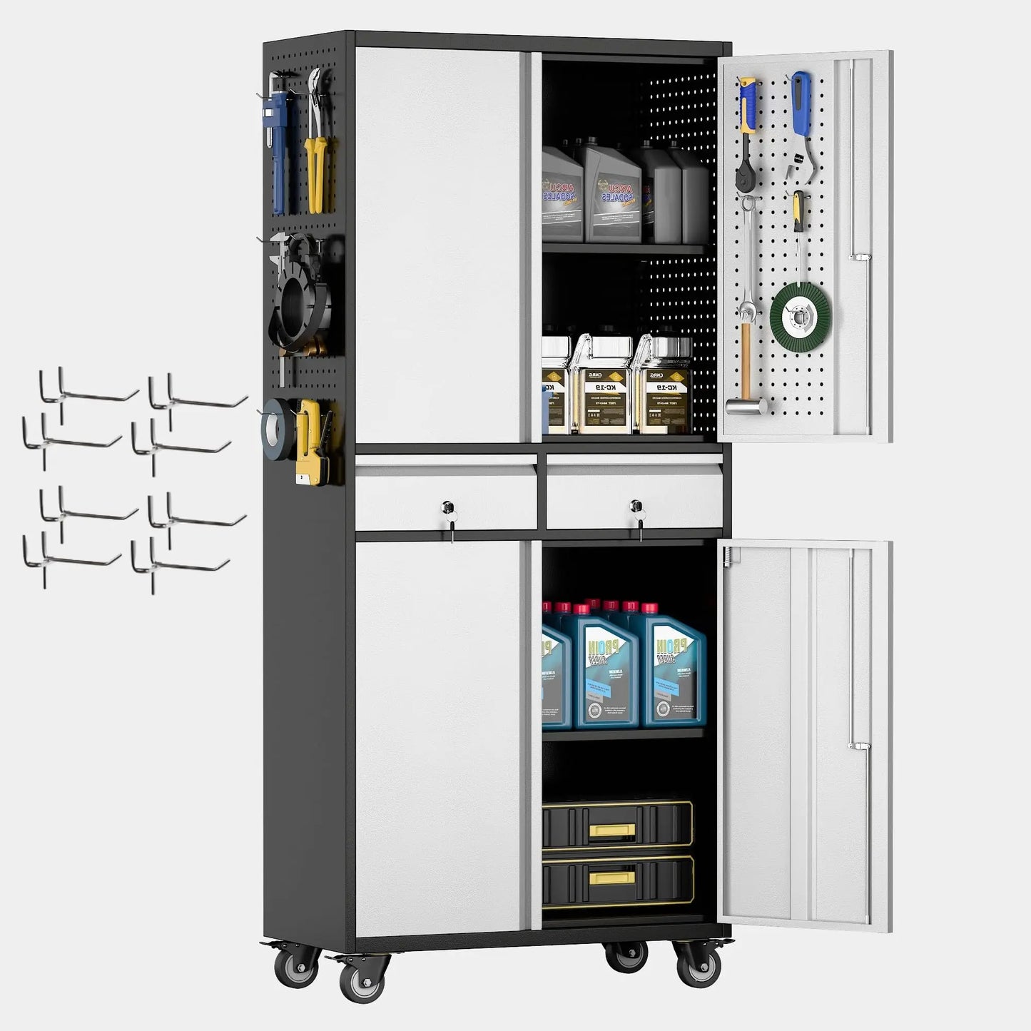 Metal Garage Storage Cabinet with Locking and Adjustable Shelves and  Wheels