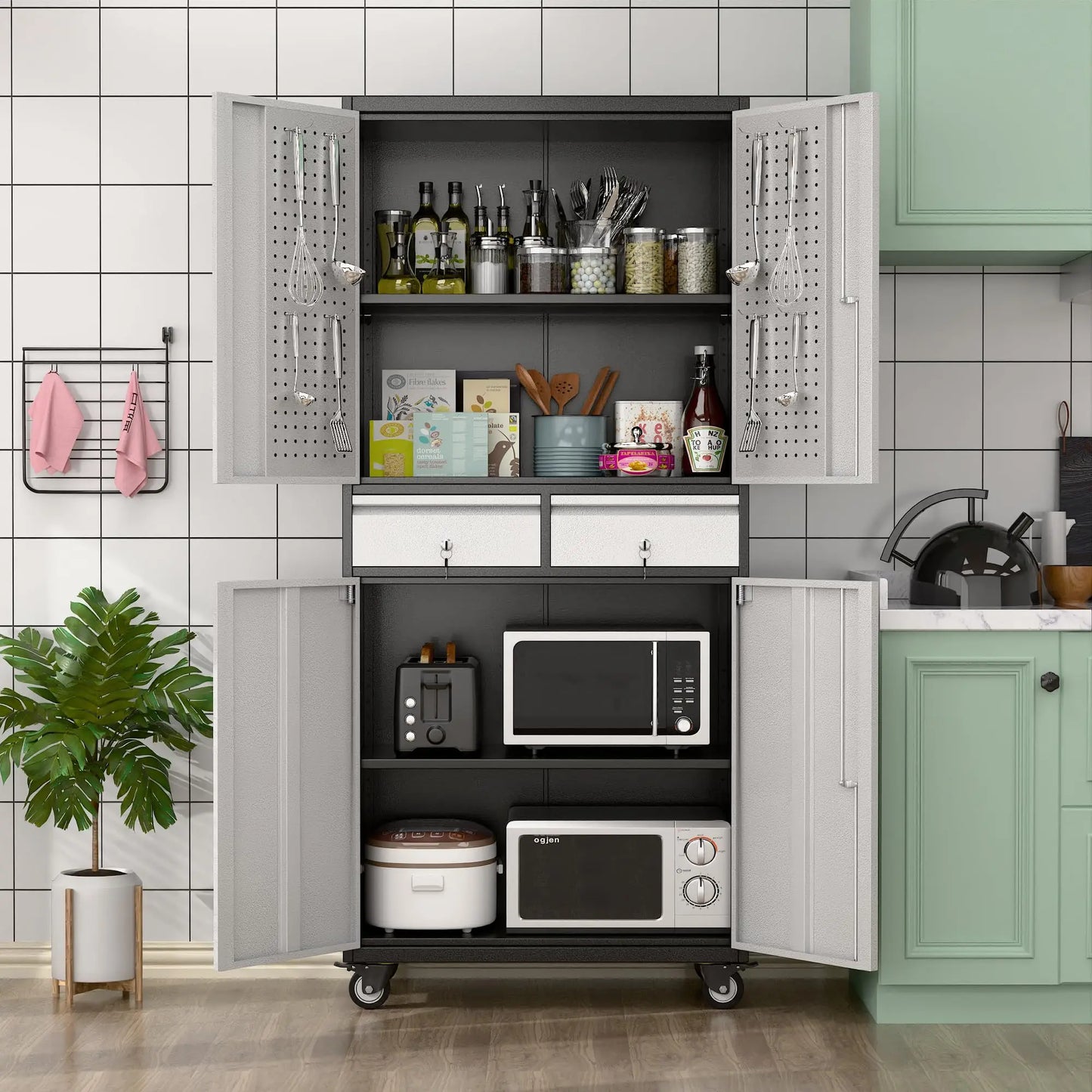 Metal Garage Storage Cabinet with Locking and Adjustable Shelves and  Wheels