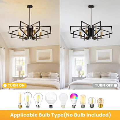 8-Light Geometric Chandelier Adjustable Height, Black Frame & Golden Accents