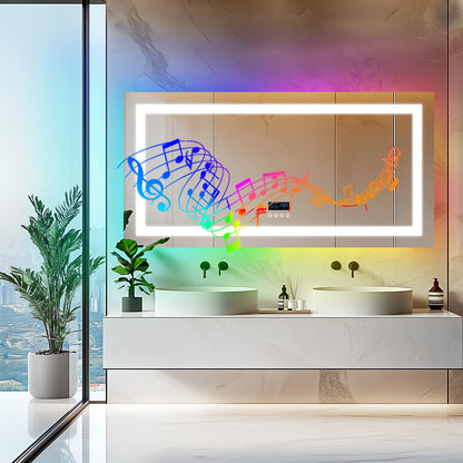LED Lighted Bathroom Mirror with Bluetooth Speaker Smart LED Vanity Makeup Wall Mounted Mirrors 3 Lights Setting Anti-Fog RBG