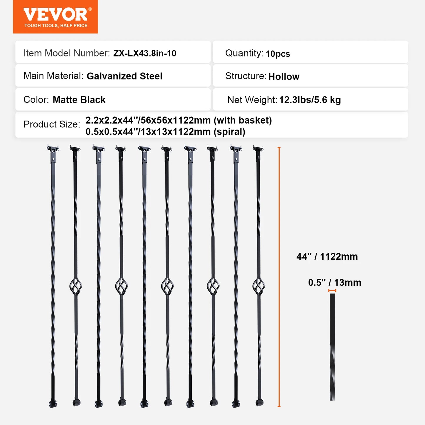 Staircase Metal Balusters- Galvanized Banister Spindles w/ Hollow Baskets Spiral