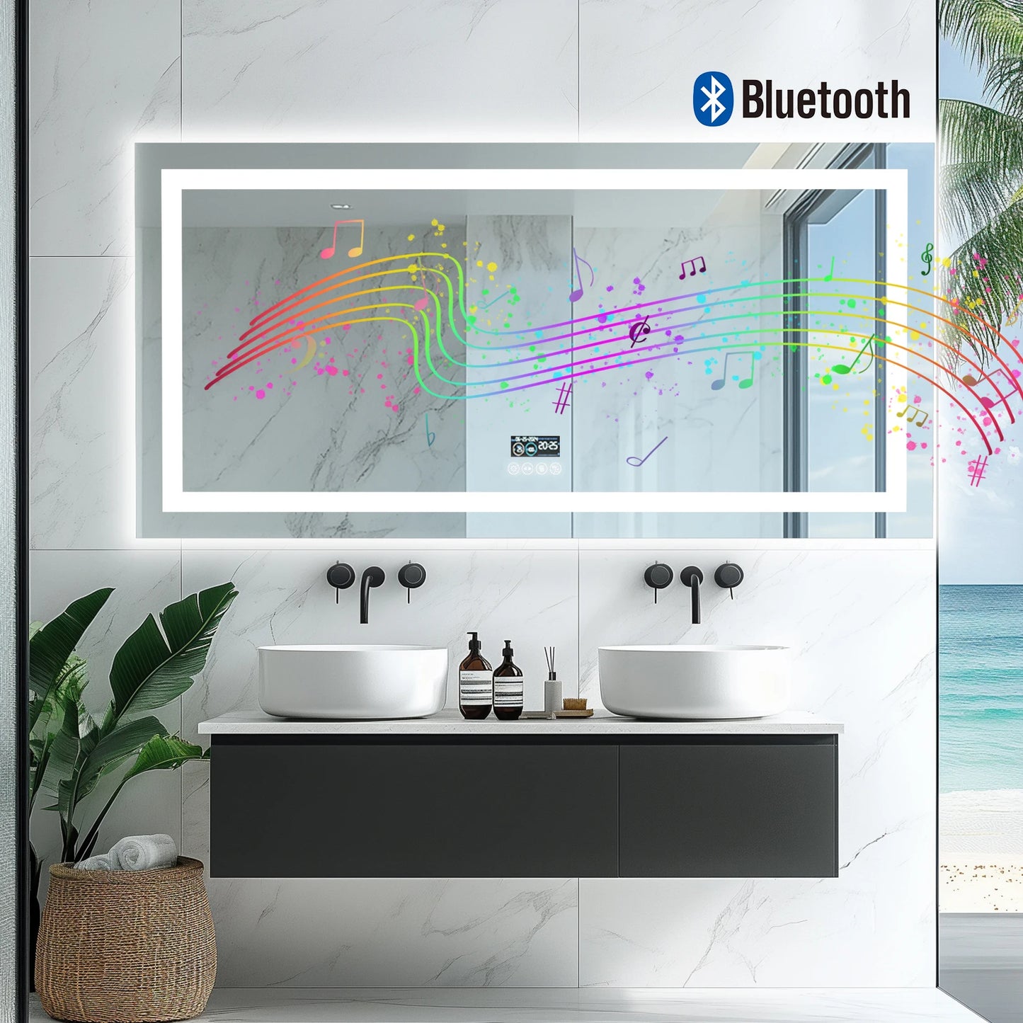 LED Bathroom Mirror with Lights, Dimmable, Smart Bluetooth Digital Display 3 Colors Memory