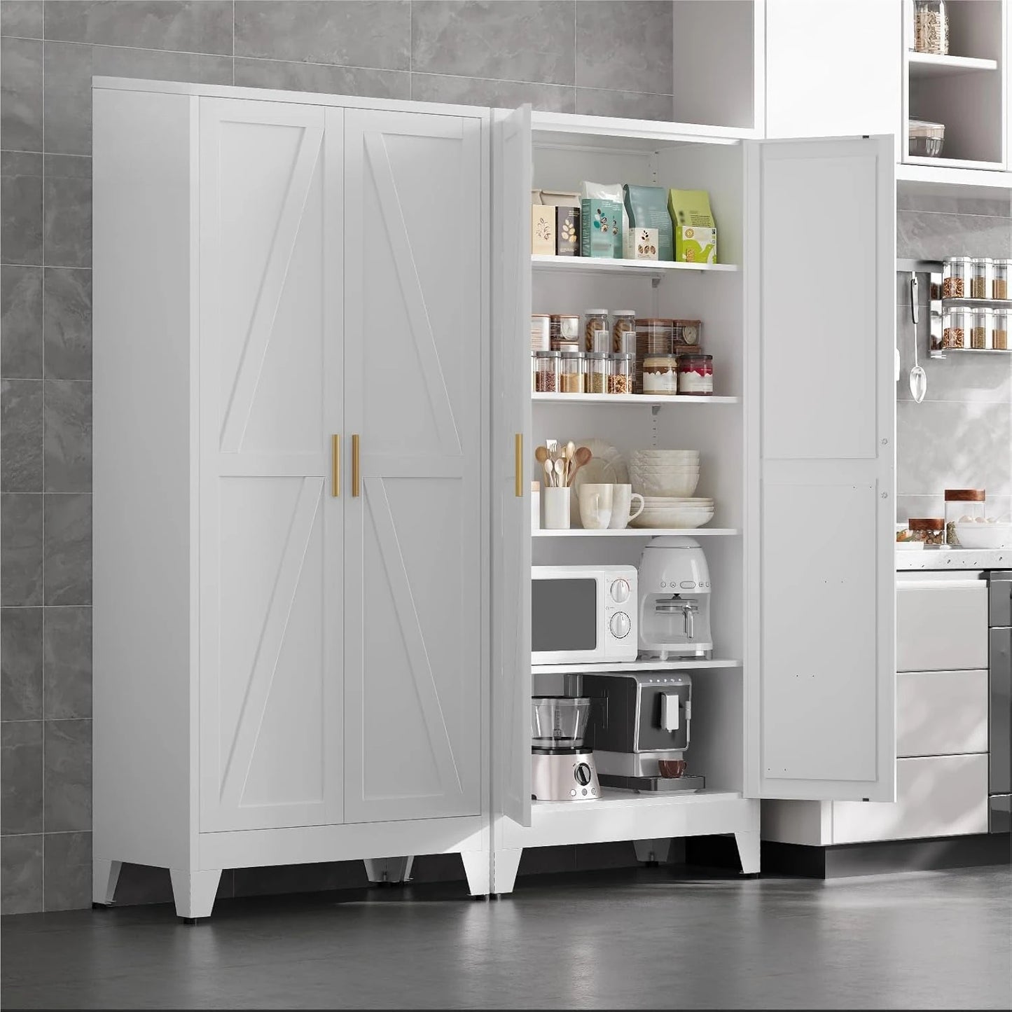 71 in Metal Storage Cabinet, 4 Adjustable Shelves and Barn Doors