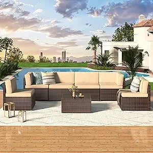7 Piece Outdoor Patio Furniture Set, PE Rattan Outdoor Wicker Sectional Furniture