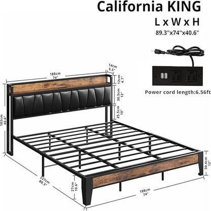 Twin XL Bed Frame, Storage Headboard with Charging Station, Easy Assembly