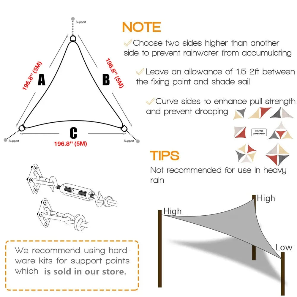 5x5x5/2x2x2M Waterproof Sun Shelter Triangle Sunshade