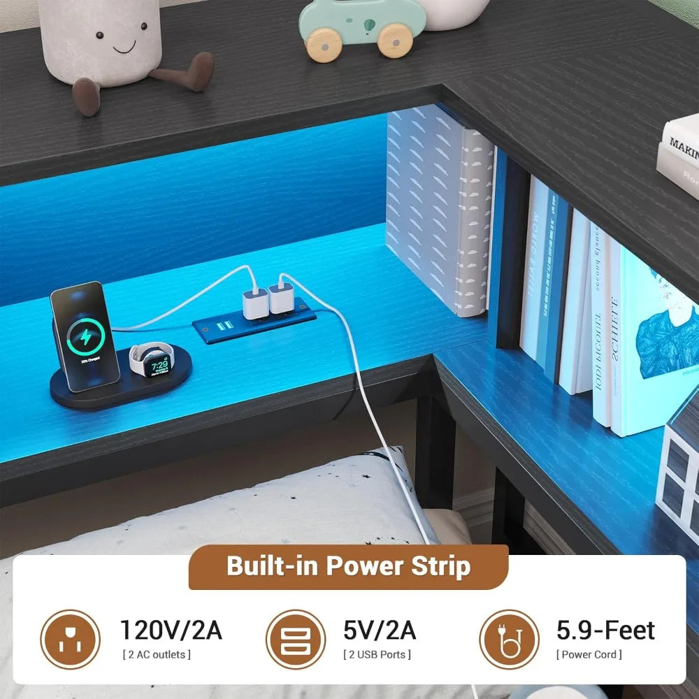 Full Corner Bed Frame w/ Storage Drawers, LED Lights, Charging Station