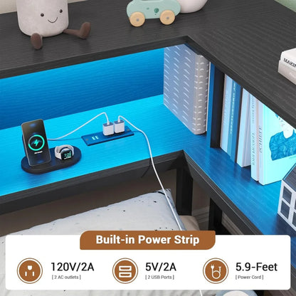 Full Corner Bed Frame w/ Storage Drawers, LED Lights, Charging Station