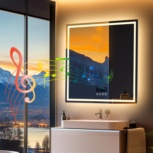 LED Square Bathroom Mirror w Bluetooth Time Temperature Display 3 Colors Front & Backlit Anti-fog w Memory