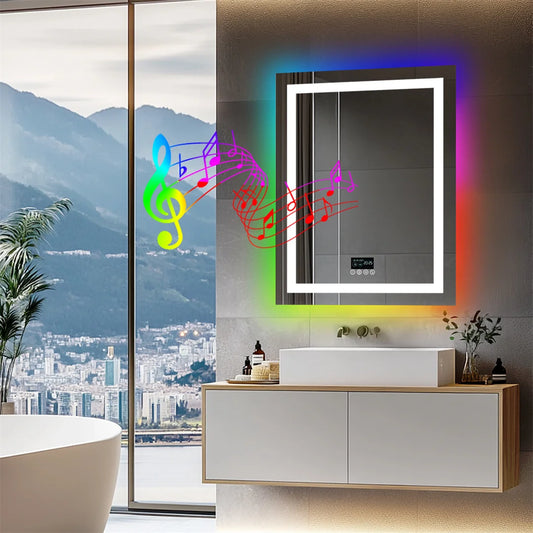 28x36 inch LED Lighted Bathroom Mirror with Bluetooth Speakers with Date Time