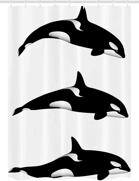 Three black and white killer whales on fabric bathroom