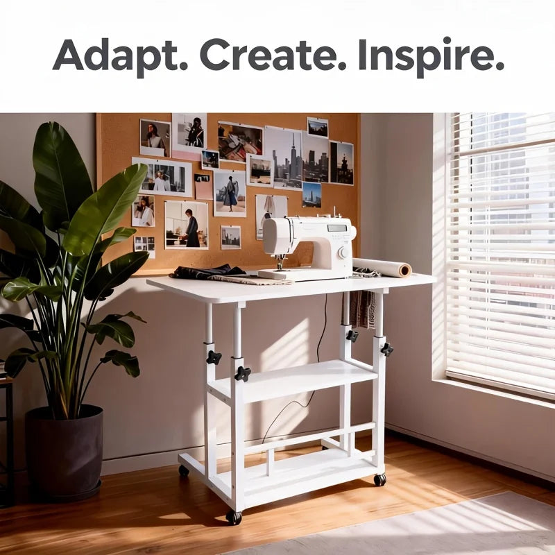 Adjustable Height Mobile Table with Lockable Wheels & Folding