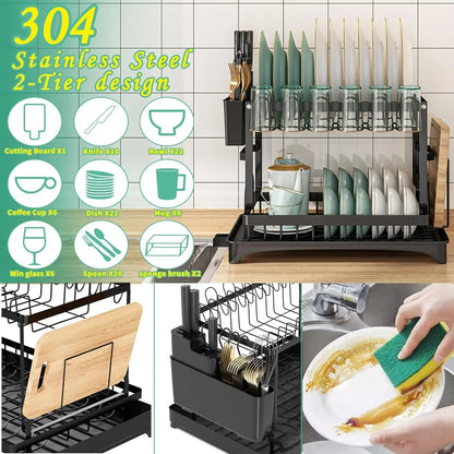 Kitchen countertop 2-tier dish drying rack