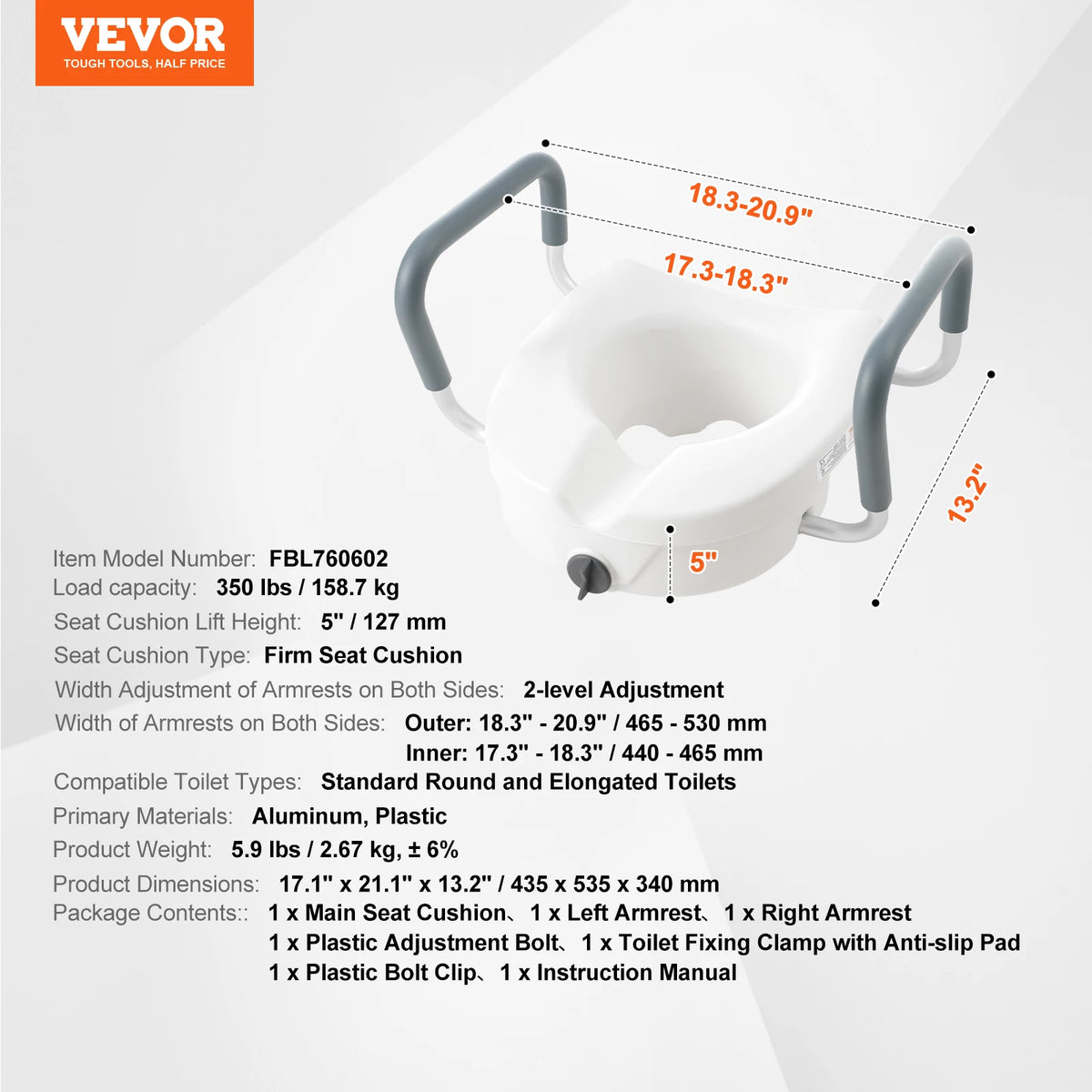 Raised Toilet Seat 5" Height Raised 350 lbs Weight Capacity