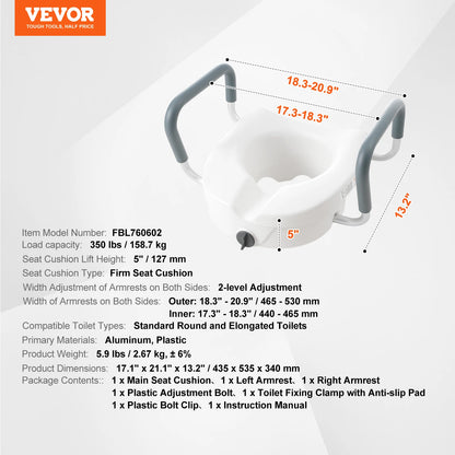 Raised Toilet Seat 5" Height Raised 350 lbs Weight Capacity