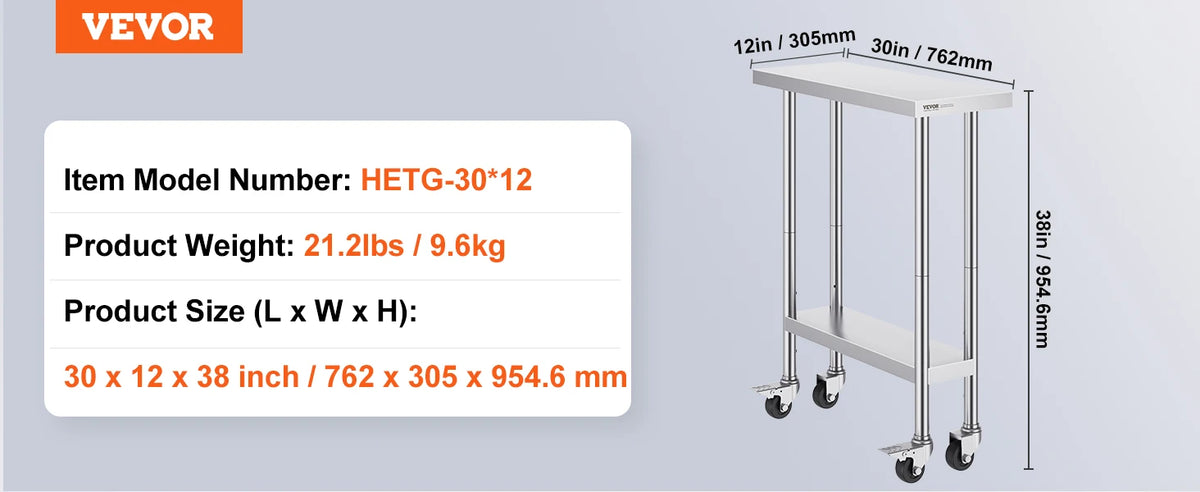 Stainless Steel Work Prep Table w/4 Wheels 3 Adjustable Height