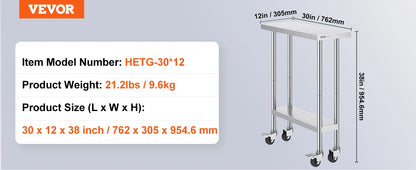 Stainless Steel Work Prep Table w/4 Wheels 3 Adjustable Height
